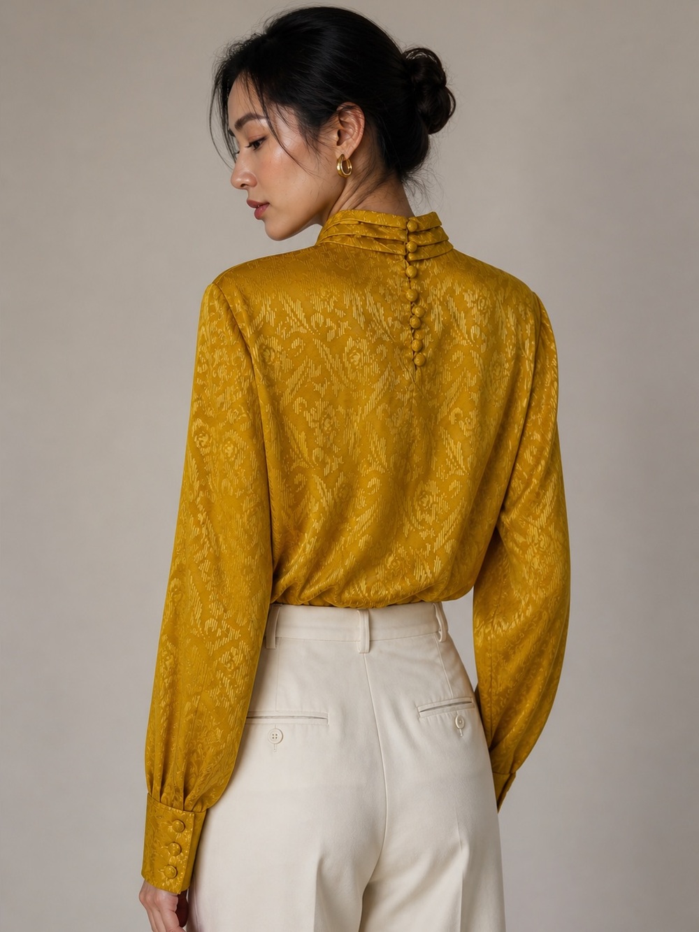 Vintage JH Collectibles Golden Brocade Collared Blouse with Button Back